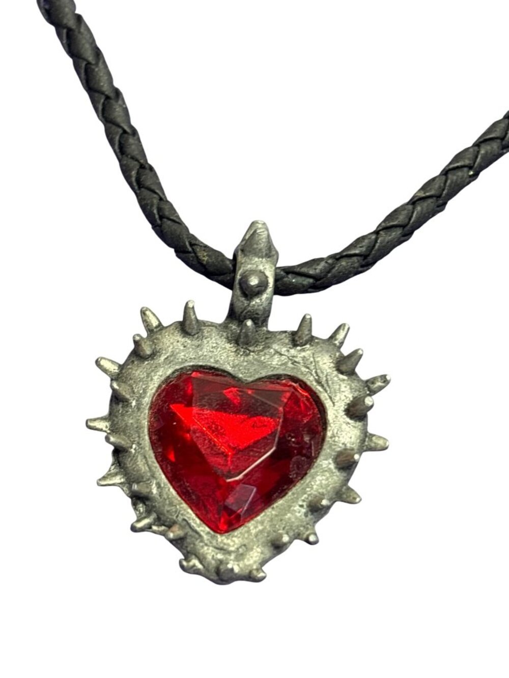 Spikey Silvertone Red Heart Pendant Necklace Braided Black Leather Cord Pendant